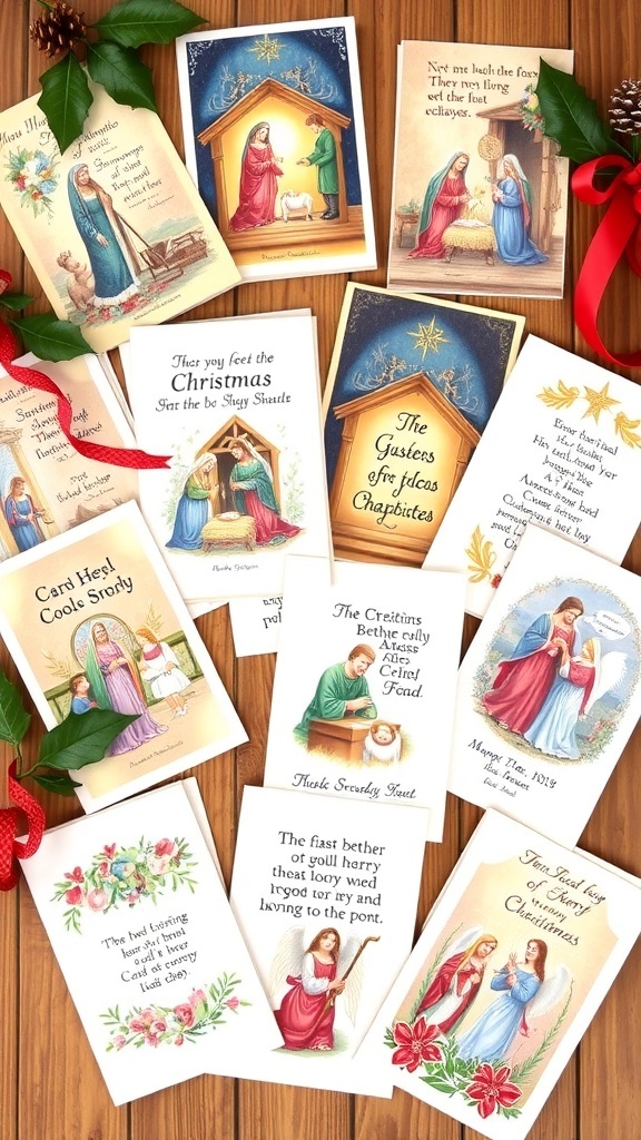 A variety of religious Christmas cards showcasing nativity scenes and scripture verses on a wooden table.